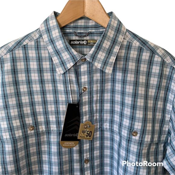 Solaris Fishing Shirt Short Sleeve Plaid Vented Sz Small Moisture Wicking UPF 50 - Picture 3 of 6